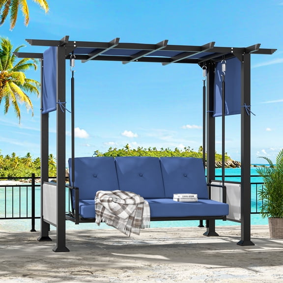 VEIKOUS 9 x 5ft Outdoor Pergola W/3-Person Porch Swing and Adjustable Curtains, Patio Gazebo with Hanging 2-in-1 Converting Swing, Blue