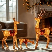 VEIKOUS Animated Lighted Christmas Reindeer Family Set of 3, Motorized Moving Head Silver Glitter Reindeer with 280 Cool White LED Lights, Red Bows & Bells, Gold