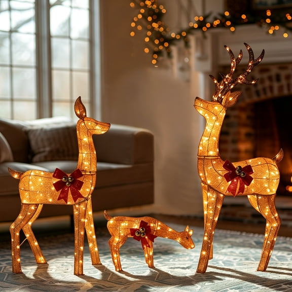 VEIKOUS Animated Lighted Christmas Reindeer Family Set of 3, Motorized Moving Head Silver Glitter Reindeer with 280 Cool White LED Lights, Red Bows & Bells, Gold