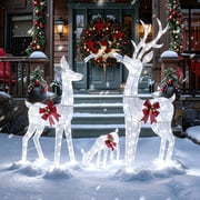 VEIKOUS Animated Lighted Christmas Reindeer Family Set of 3, Motorized Moving Head Silver Glitter Reindeer with 280 Cool White LED Lights, Red Bows & Bells, White