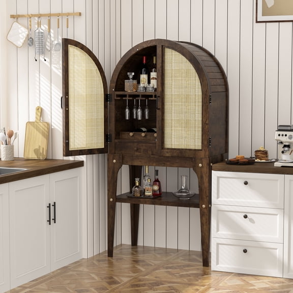 VEIKOUS Arched Wine Storage Cabinet with Rattan Doors, 31''W X 15.3''D X 64''H