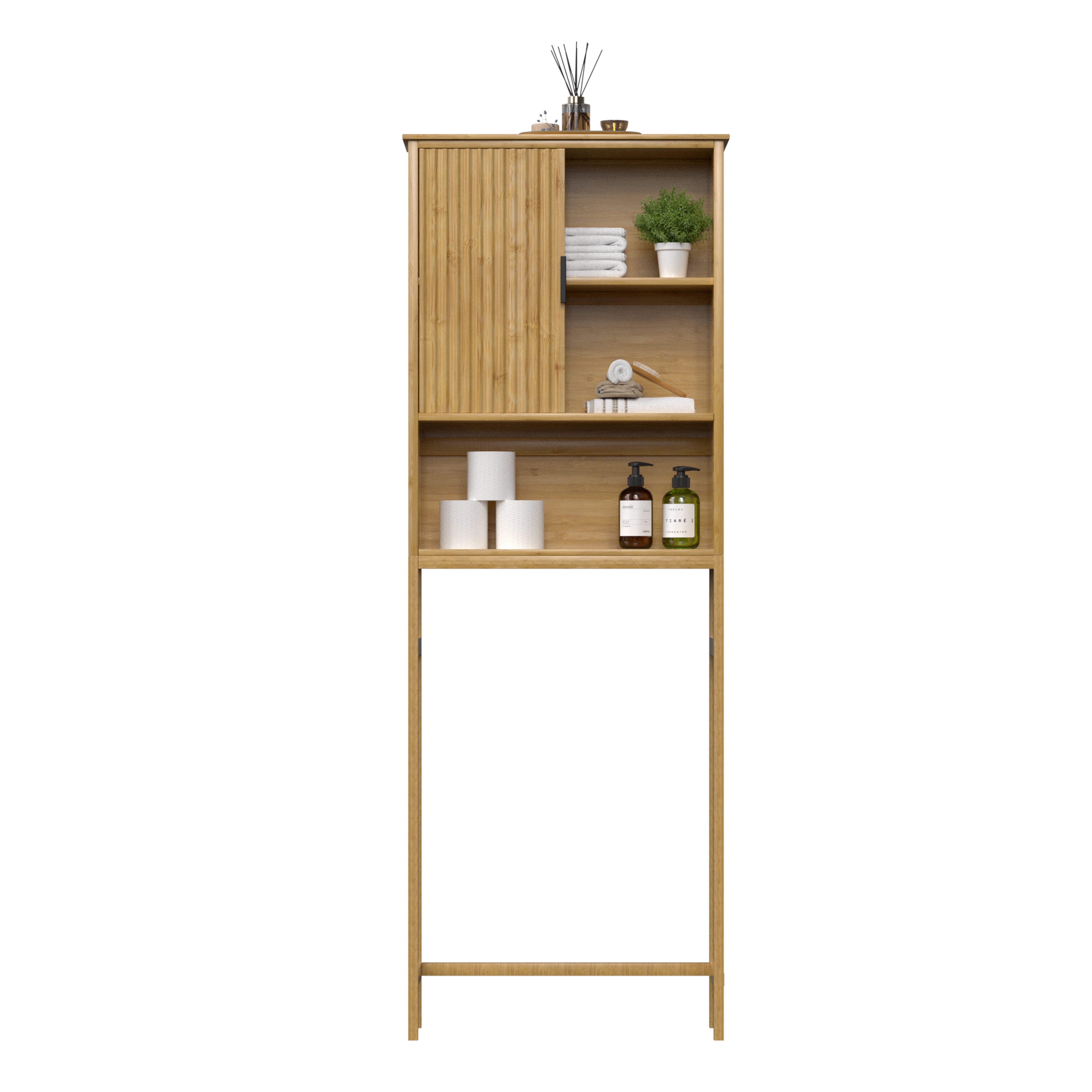 VEIKOUS Bamboo Fluted Over-The-Toilet Storage Cabinet Space Saving Bathroom Organizer w/ Shelves and Cupboard, Natural