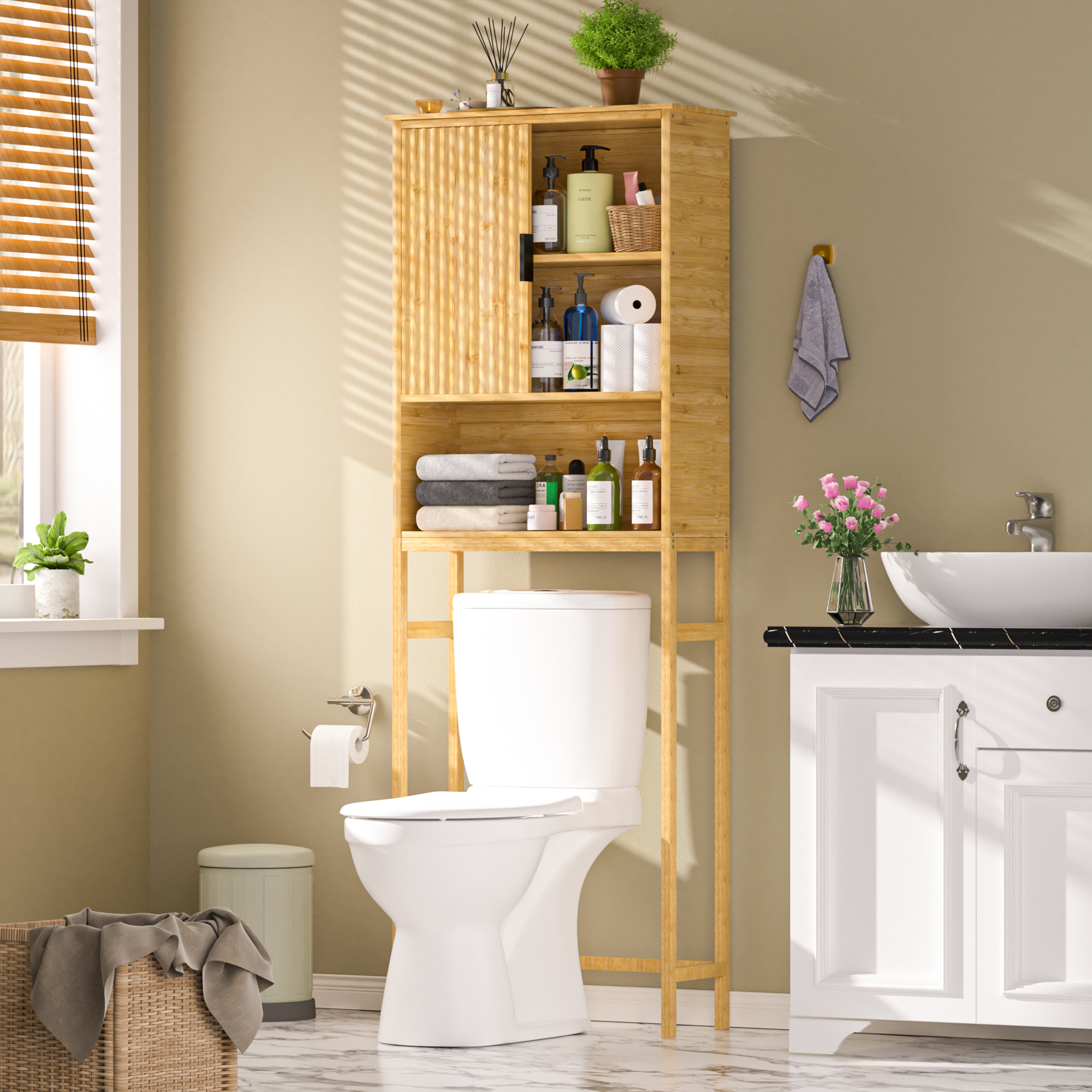 VEIKOUS Bamboo Fluted Over-The-Toilet Storage Cabinet Space Saving ...