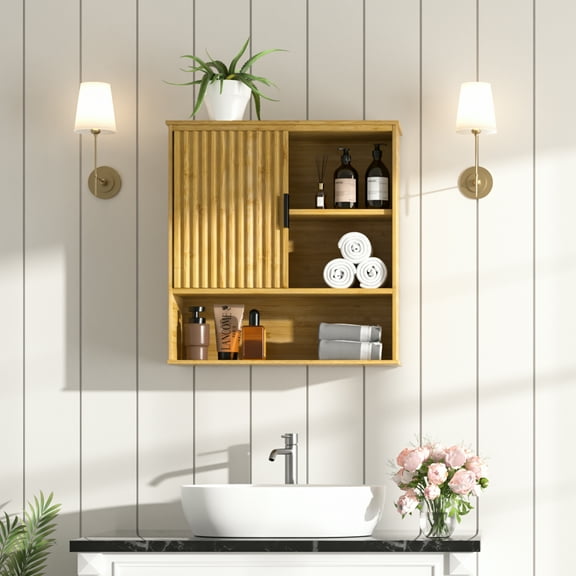 VEIKOUS Bamboo Wall Mounted Cabinet for Bathroom Storage,  Medicine Cabinet w/ Sliding Door and Shelves, Natural
