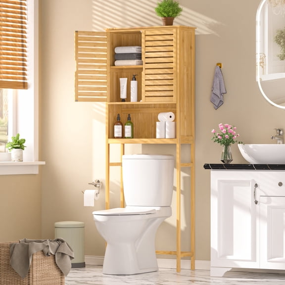 VEIKOUS Bamboo over the Toilet Storage Cabinet Space-Saving Bathroom Cabinet w/ 2 Shelves and Cupboard