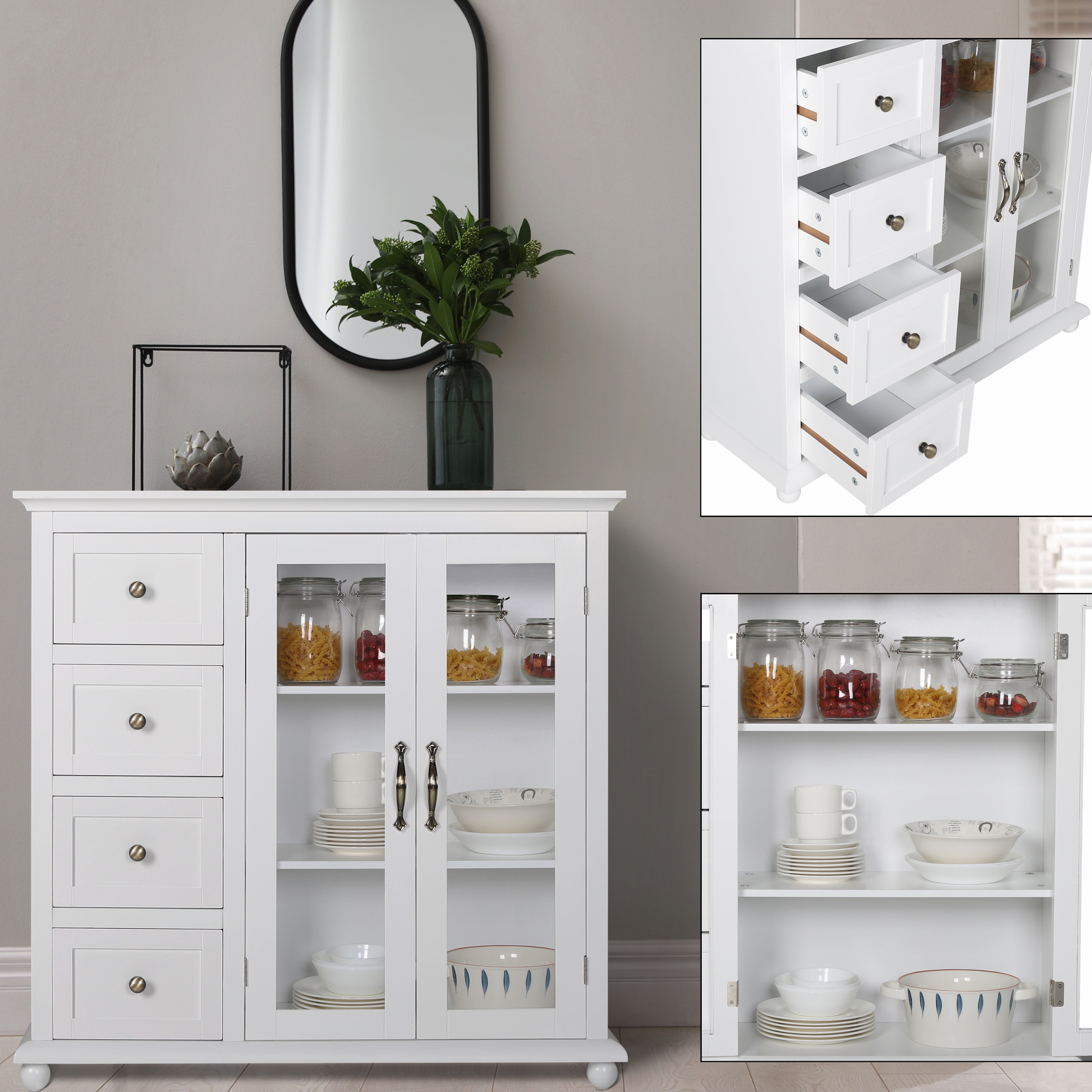 White MDF Kitchen Buffet Sideboard with Glass Doors and Drawers