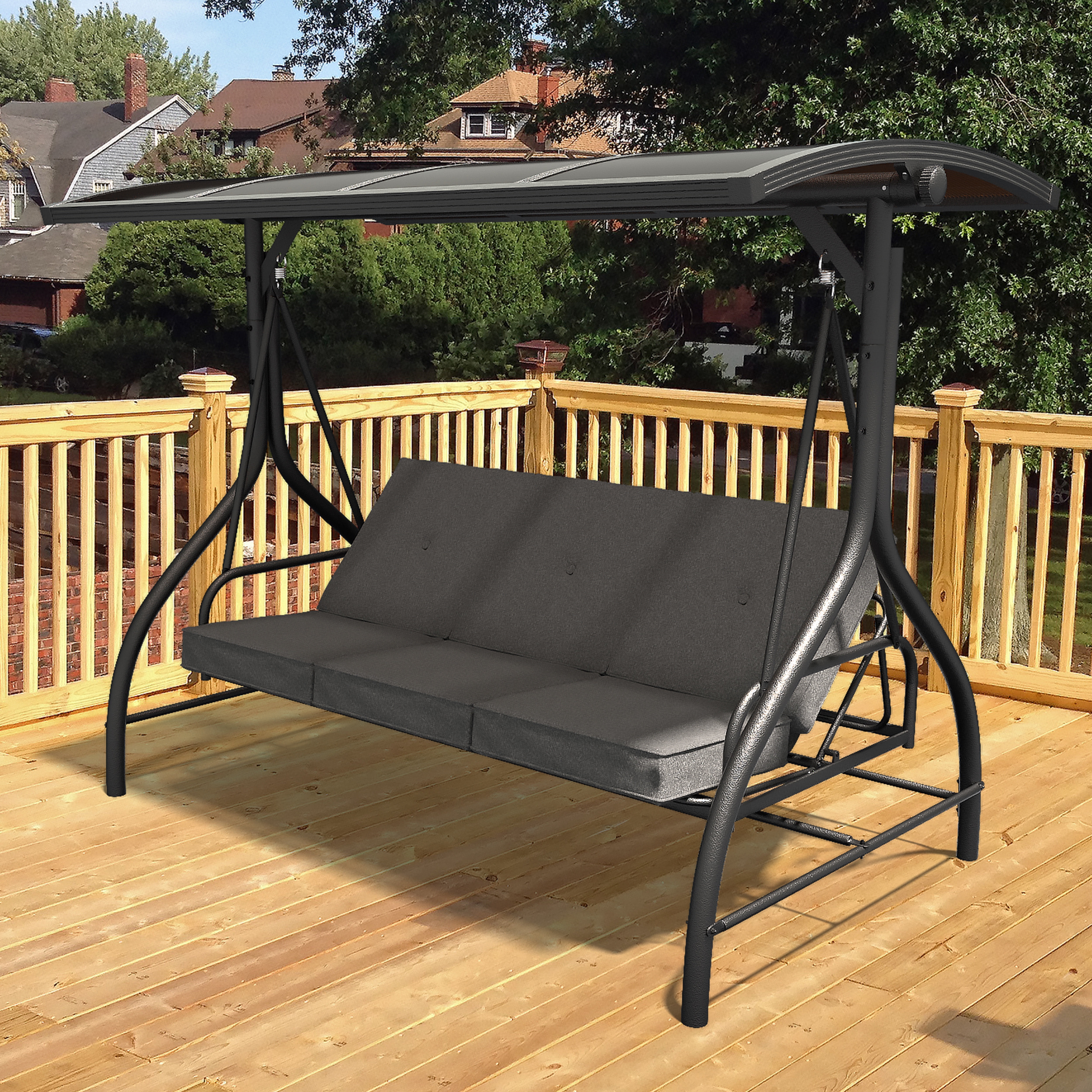 VEIKOUS Hardtop Porch Swing, 3-Seat, Metal Frame, Porch Swing with Canopy, Convertible Bed, Gray