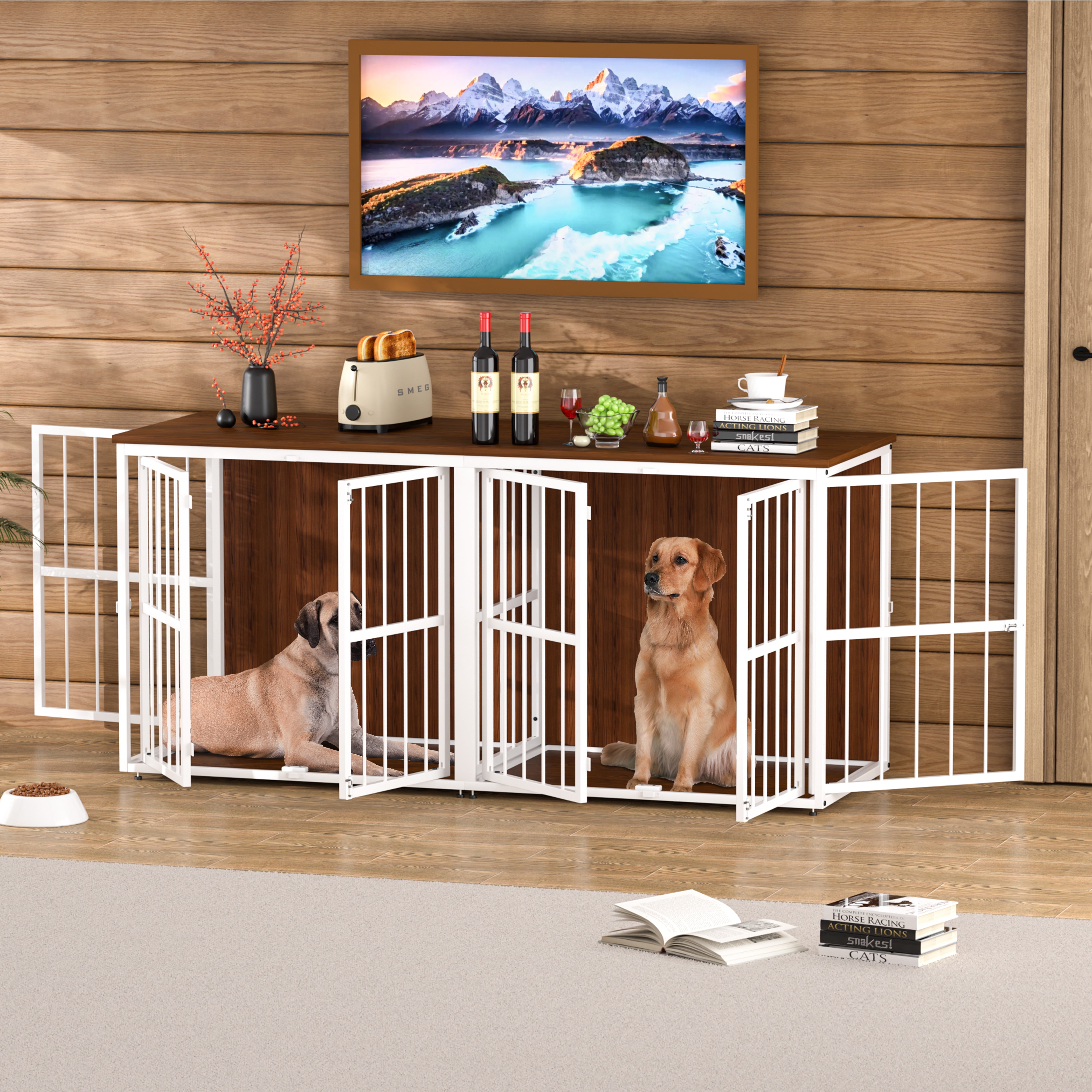 Large White Steel Frame Dog Crate Furniture with Double Doors