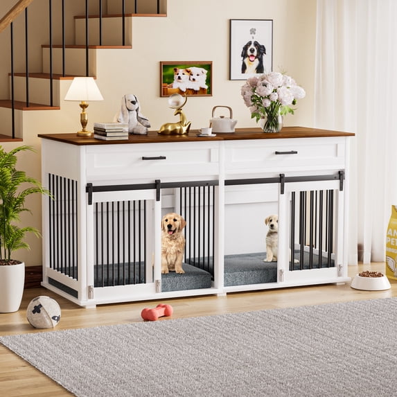 VEIKOUS Large Dog Crate Furniture-Style Kennel for 2 Dogs w/ Movable Door, Removable Divider and 2 Drawers