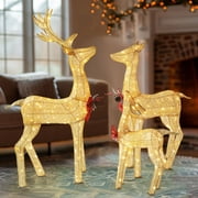 VEIKOUS Christmas Deer Family Set Outdoor Decoration W/ 200 Lights, Reindeer Christmas Decor with Ground Stakes and Zip Ties, Gold