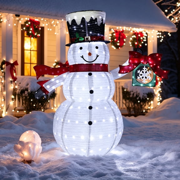 VEIKOUS Lighted Christmas Snowman Decoration, Pre‑Lit Pop‑Up Collapsible Snowman with LED Lights, Red Scarf & Top Hat for Patio Garden Home Indoor Holiday Display