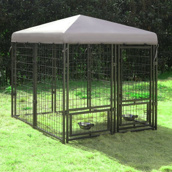 VEIKOUS Outdoor Dog Kennel, Metal Large Dog Crates w/Canopy & 2 Rotating Feeding Doors, 4.5' x 4.5' x 4.8'