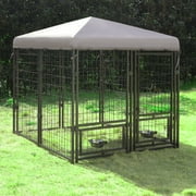 VEIKOUS Metal Dog Kennel, Outdoor Large Metal Dog Crates w/Canopy & 2 Rotate Feeding Doors, 4.5' x 4.5' x 4.8'