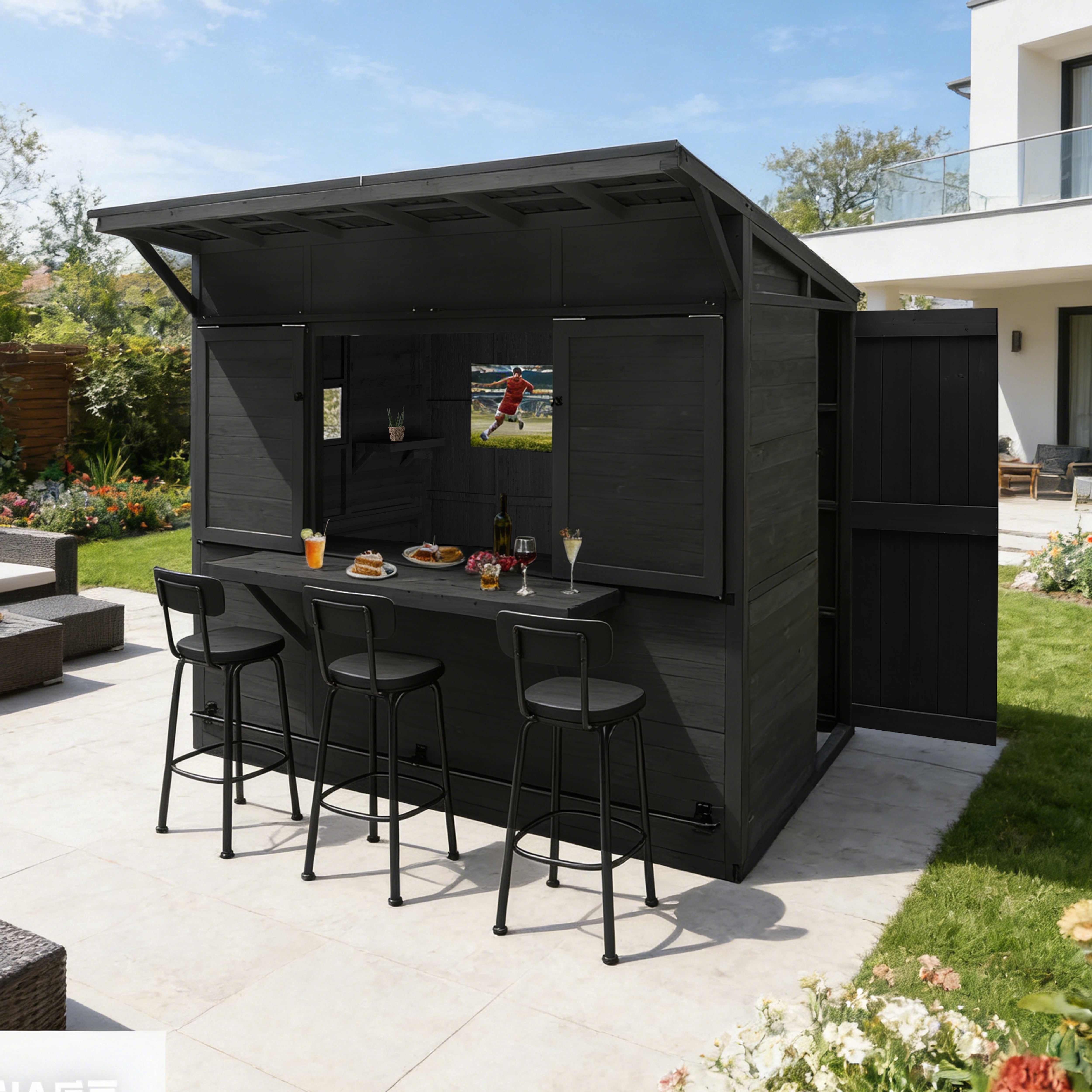 VEIKOUS Outdoor Bar Shed W/TV Bracket, 8'x5' Wooden Backyard Pub with Foldable Bar Counter, Lockable Doors & Storage Shelves, Weatherproof Cedar Farmer Stand for Patio, Garden & Parties