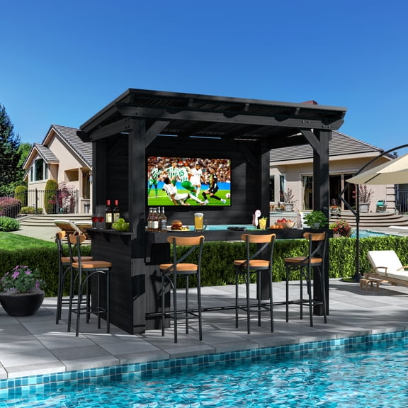 VEIKOUS Outdoor 8.5' x 6' Bar Shed with Metal Sloped Roof, TV Bracket & Storage Cabinet for Patio Pool Backyard