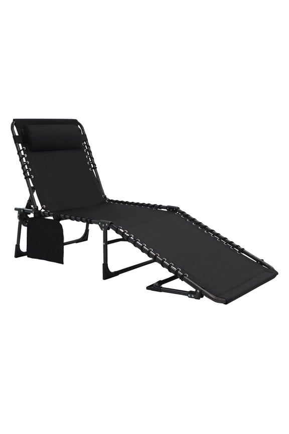 Outdoor Chaise Lounge Chair 4-Fold for Patio with Detachable Pocket and Pillow, Black