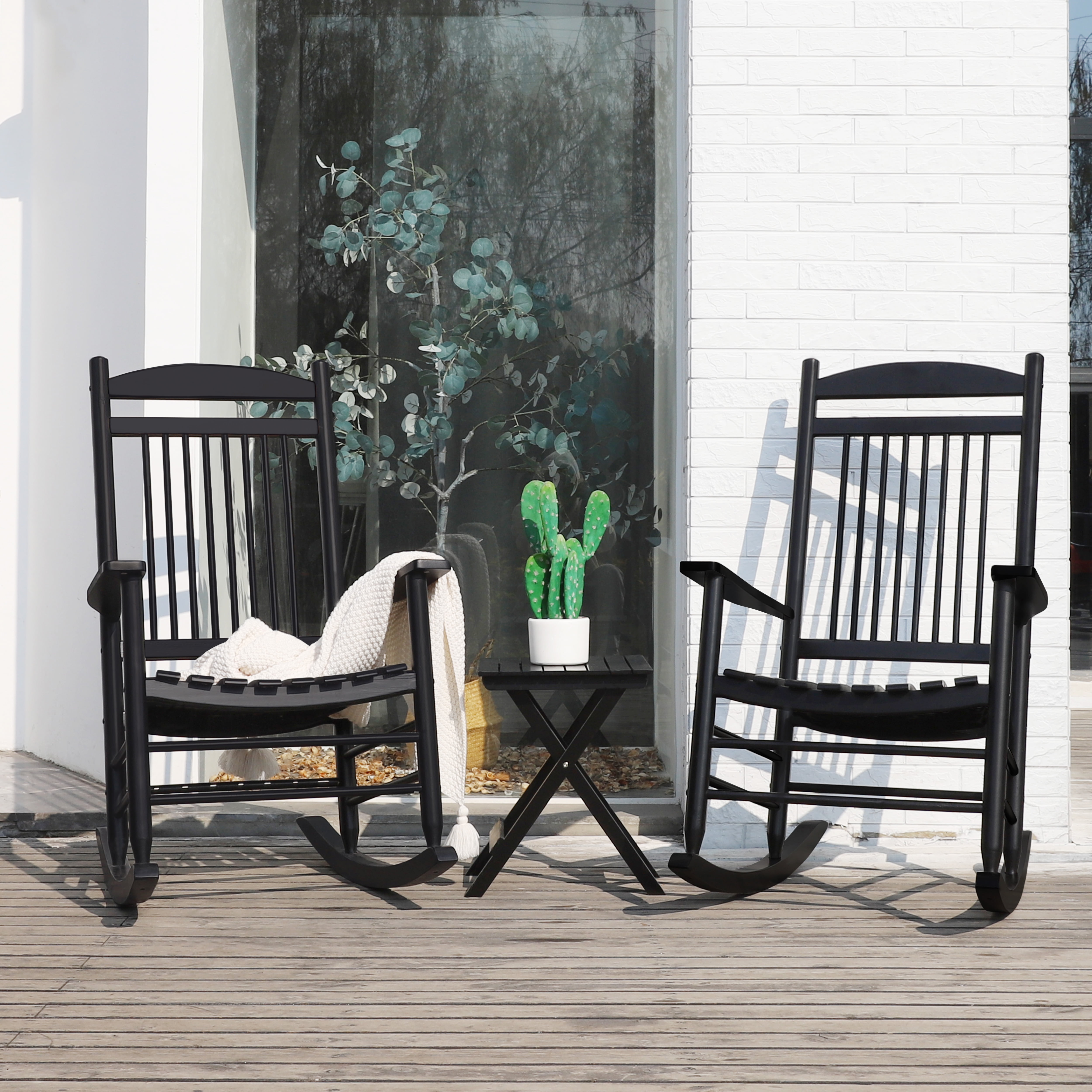 VEIKOUS 3pc Outdoor Set: Black Wood Rocking Chairs & Foldable Table for ...