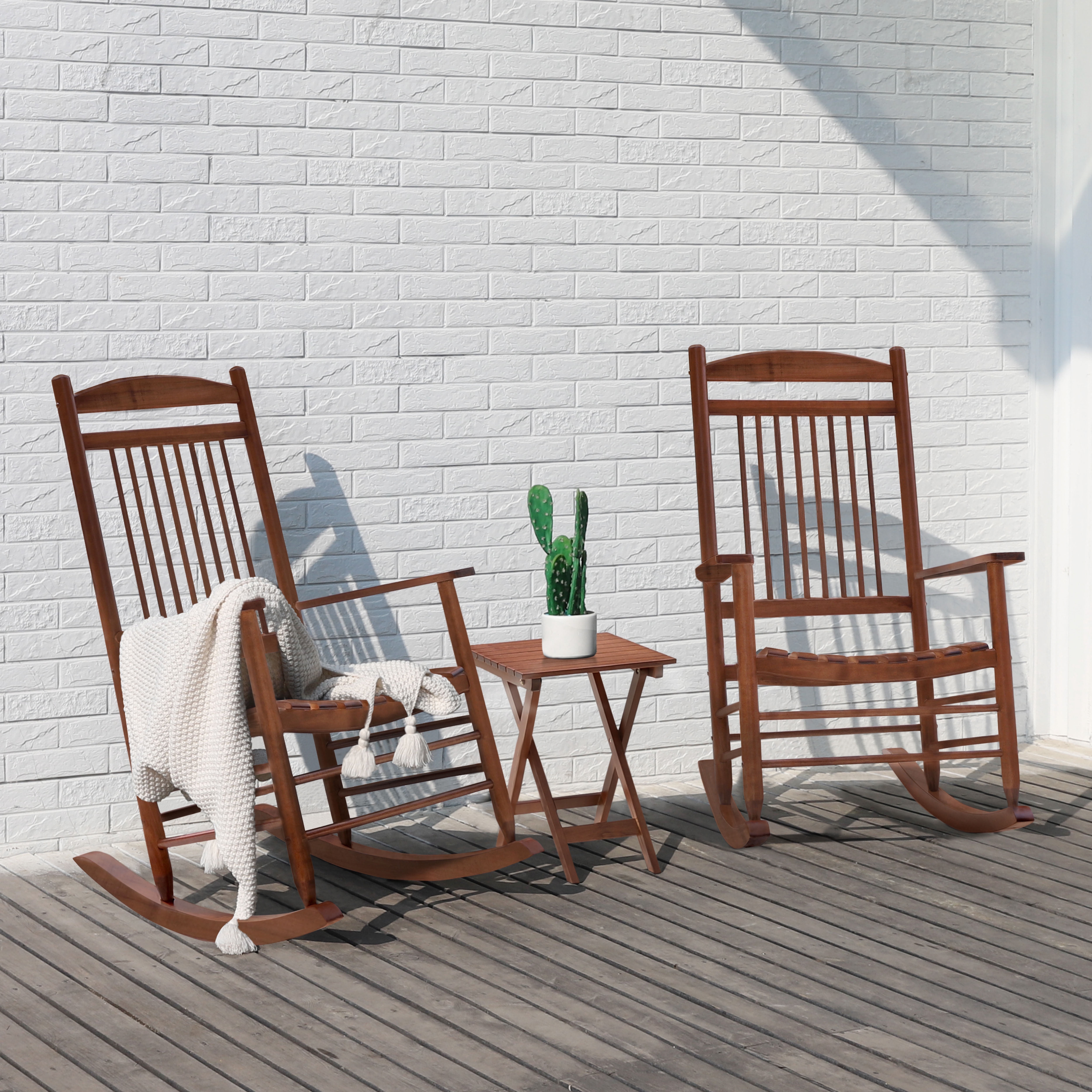 VEIKOUS Outdoor Rocking Chair Set of 3, Wooden Rocker Set W/Foldable Table Indoor, Teak