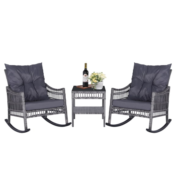 VEIKOUS 3-Piece Outdoor Rocking Chair Wicker Bistro Set W/ Cushions & Table, Cushioned Set of 3, Gray
