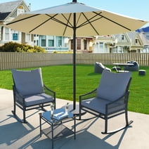 VEIKOUS Outdoor Rocking Chair Wicker Bistro Set w/Cushions & Table, Cushioned Set of 3, Gray