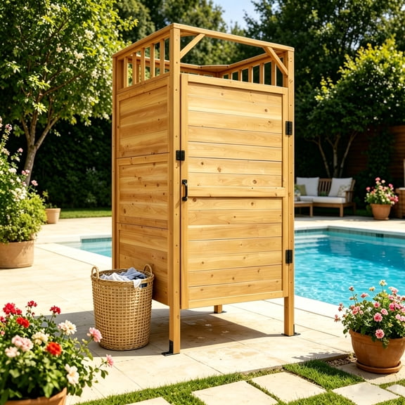 VEIKOUS Outdoor Shower Enclosure, Solid Cedar Wood Outdoor Private Changing Booth with Lockable Door, Hooks & Shelves, Left/Right Opening Shower Stall, 39.37'' L x 39.37''W x 83.36''H