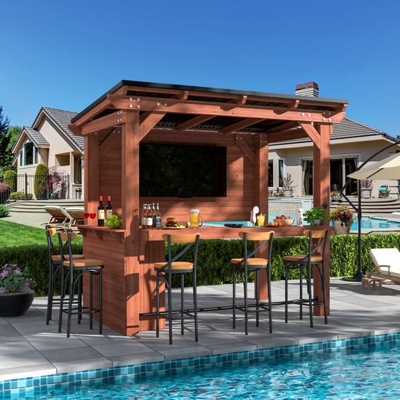 VEIKOUS Outdoor 6Ft x 8.5Ft Wooden Bar Gazebo with Metal Sloped Roof, TV Mount Bracket & Storage Shelves for Patio Pool Backyard