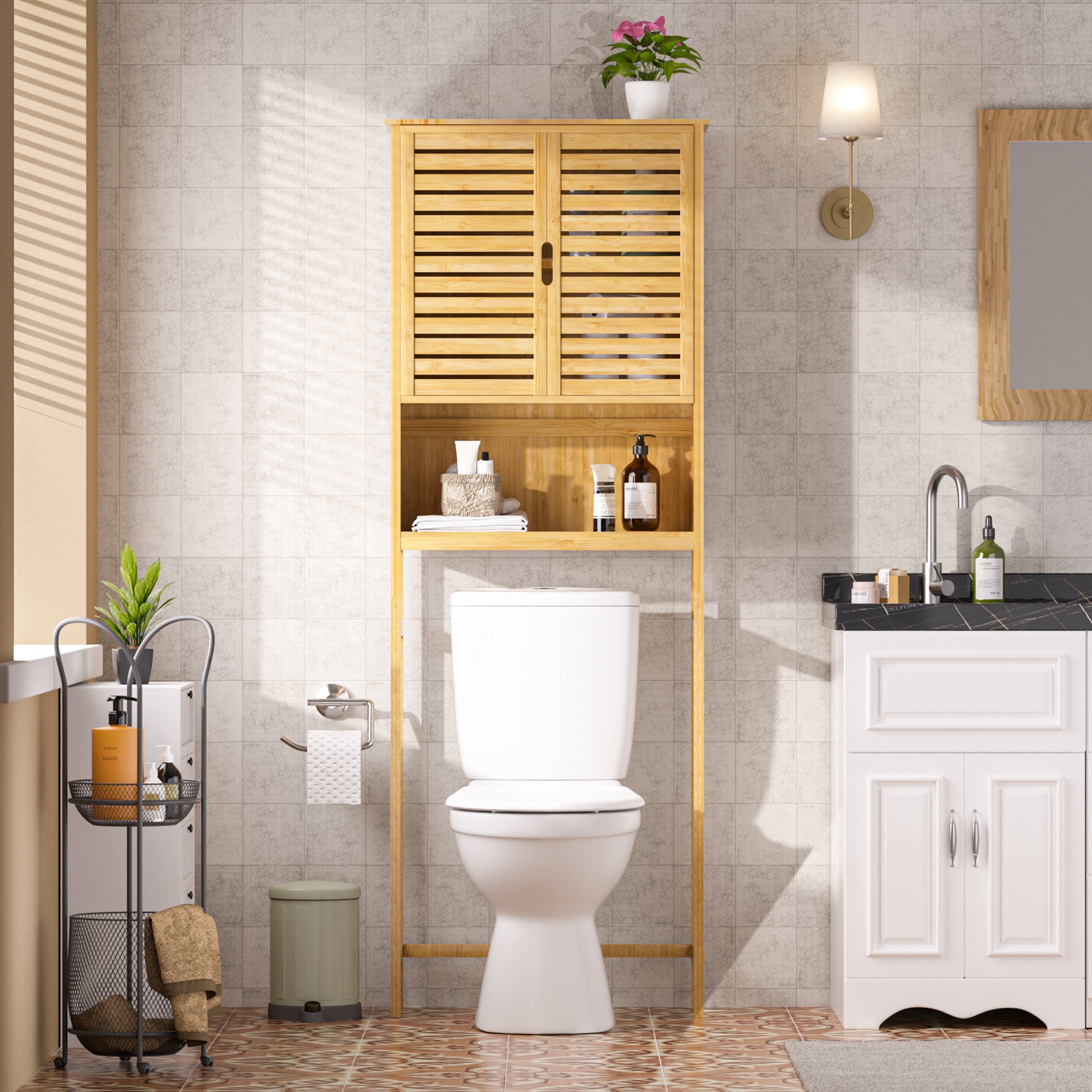 VEIKOUS Over the Toilet Storage Cabinet, Bathroom Organizer W/ Shelves Space Saver, Natural