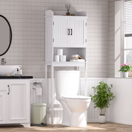 VEIKOUS Over the Toilet Storage Cabinet, Bathroom Space Saver W/ Adjustable Shelf & Rack, White