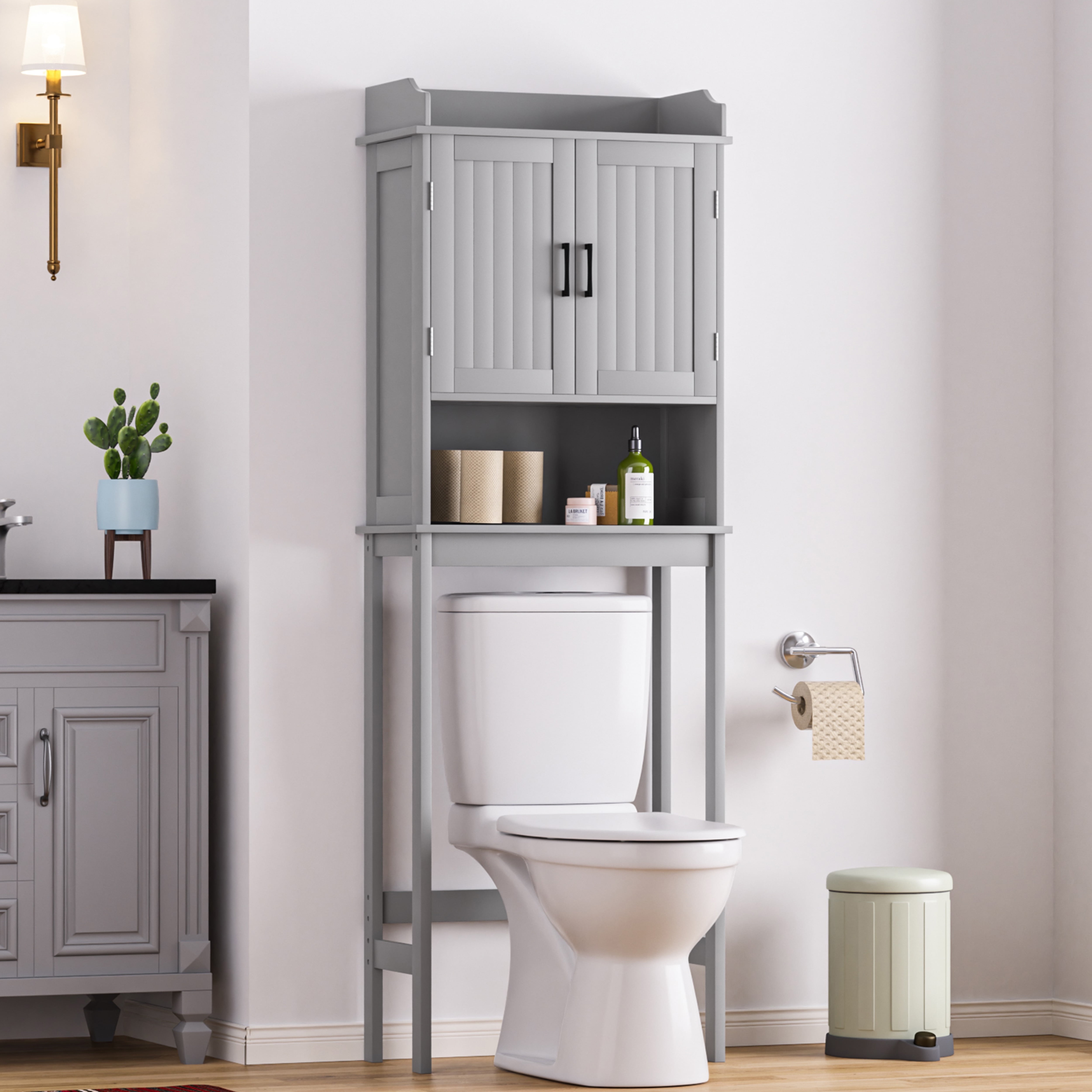 Gray Adjustable Over-the-Toilet Storage Cabinet with Doors