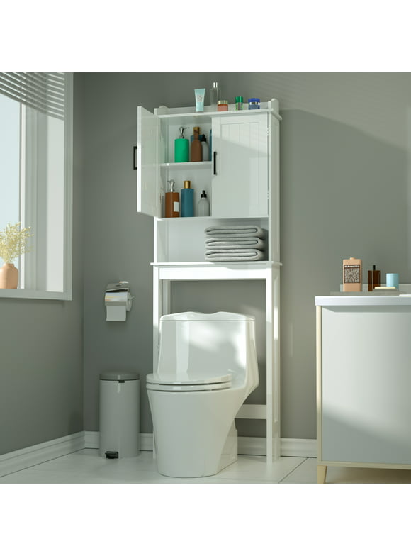 VEIKOUS Over the Toilet Storage Cabinet, Bathroom Space Saver w/Adjustable Shelf & Rack, White