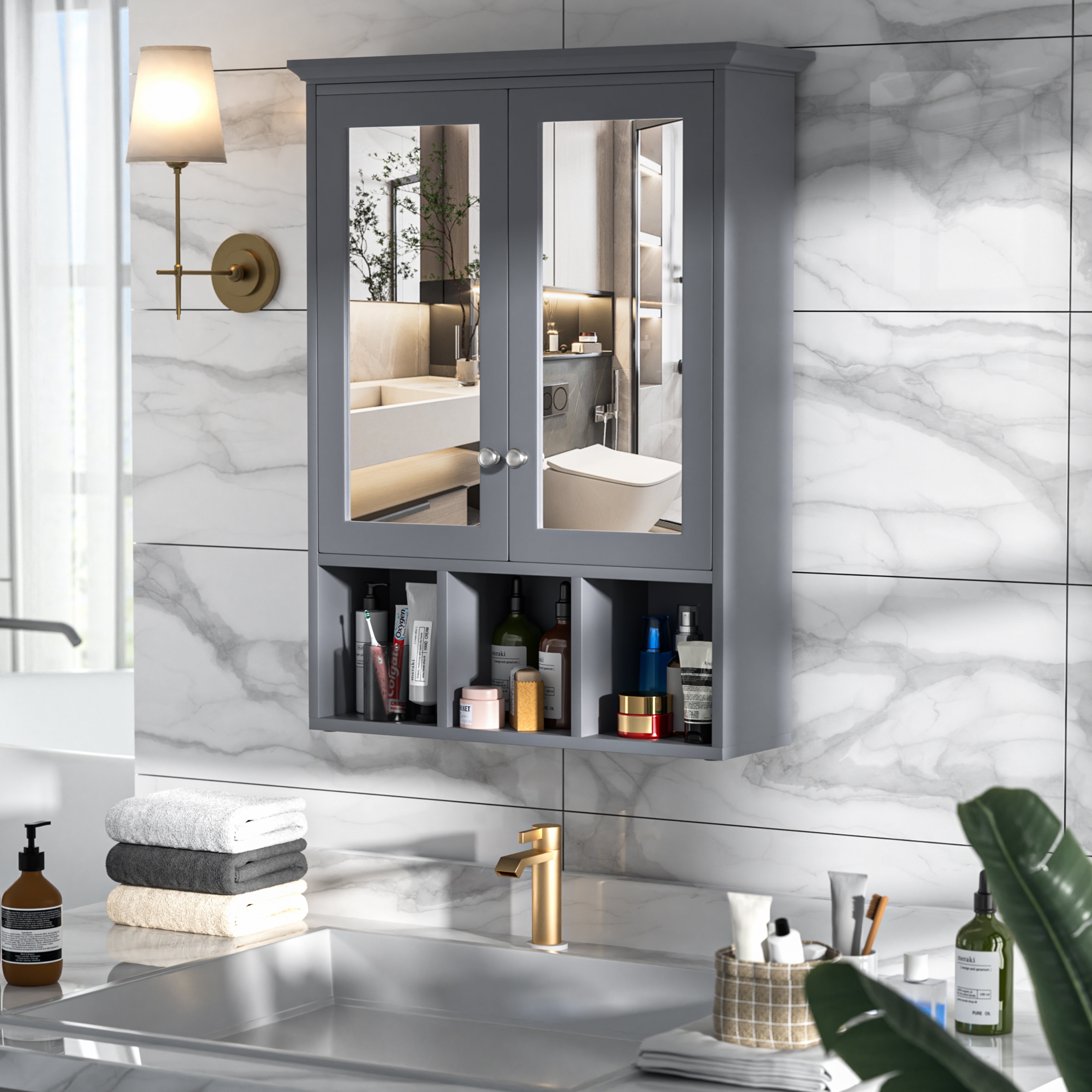 Gray MDF Oversized Bathroom Medicine Cabinet with Mirrors and Adjustable Shelves