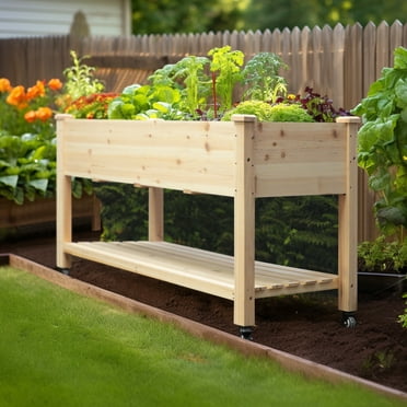 VEIKOUS Raised Garden Bed, 47"L x 22"W x 33"H Elevated Wood Planter w/ Wheels and Storage Shelf for Herbs and Vegetables
