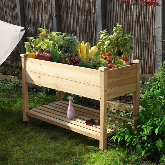 VEIKOUS Raised Garden Bed, 47"L x 24"W x 33"H Elevated Wood Planter w/ Wheels and Storage Shelf for Herbs and Vegetables