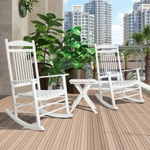 VEIKOUS Outdoor Rocking Chair Set, 3-Piece Wood Porch Rocker w/Foldable Table Indoor, White