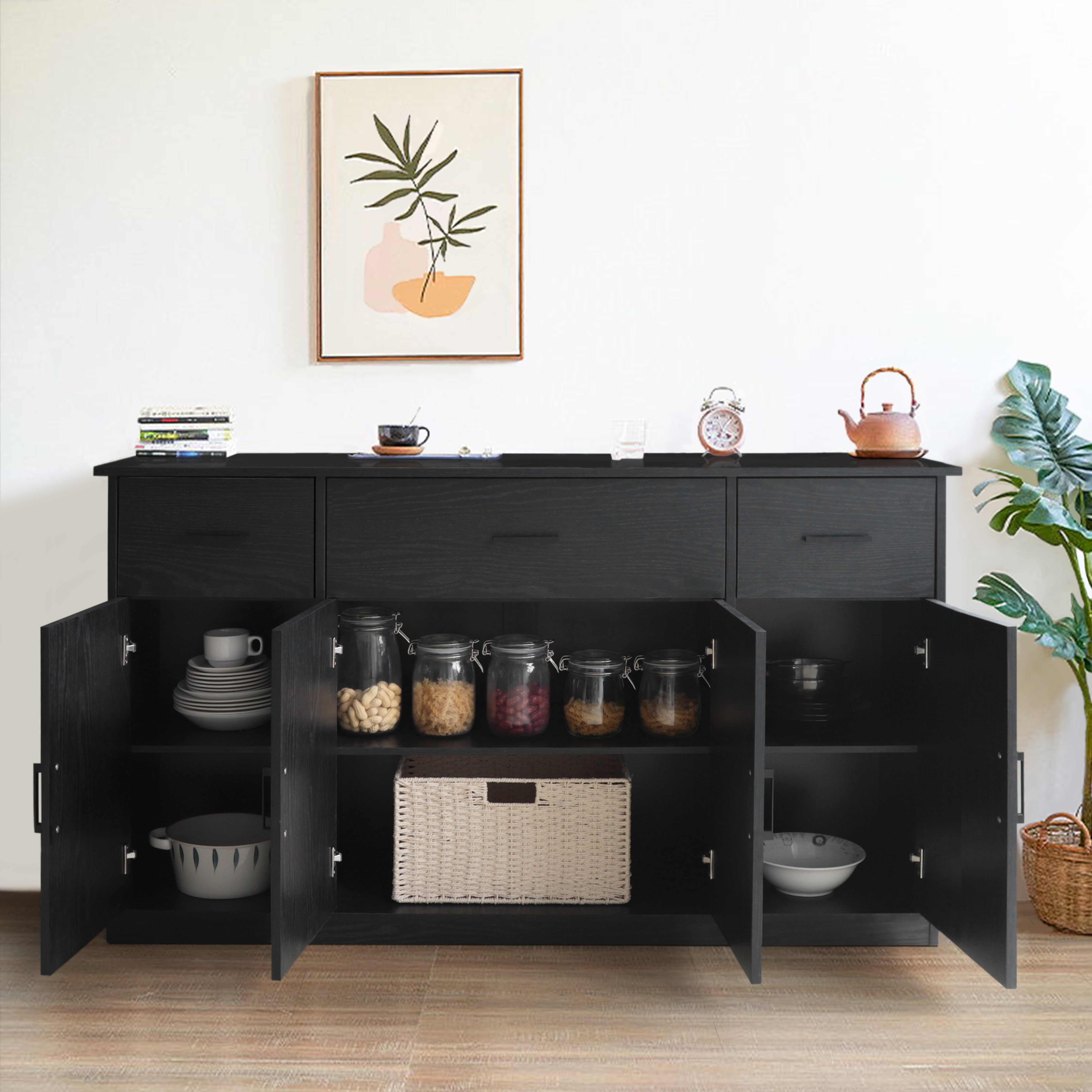 VEIKOUS Black Sideboard Buffet Cabinet, Kitchen Storage w/3 Drawers ...