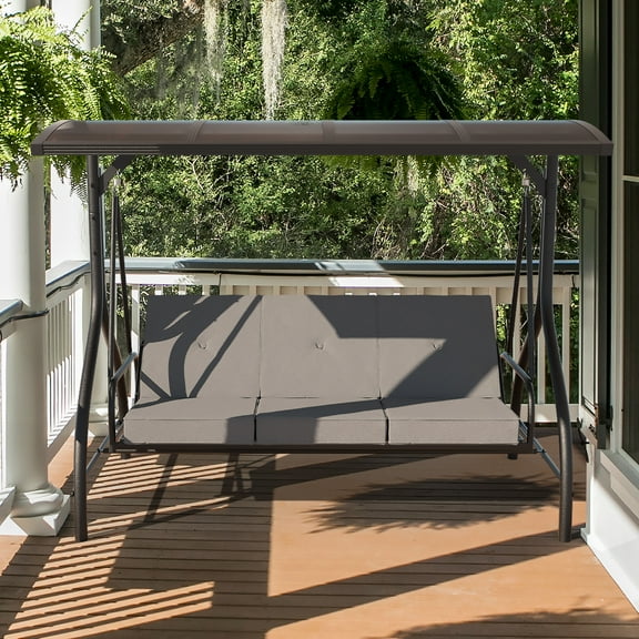 VEIKOUS Steel Outdoor Porch Swing with Polycarbonate Canopy and Convertible Bed, Gray