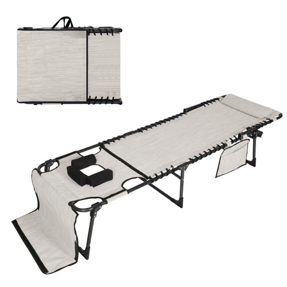 VEIKOUS Outdoor Tanning Chair, 5-Position Adjustable Patio Lounge Chair with Face Hole, Pillow, Pocket, Cream White