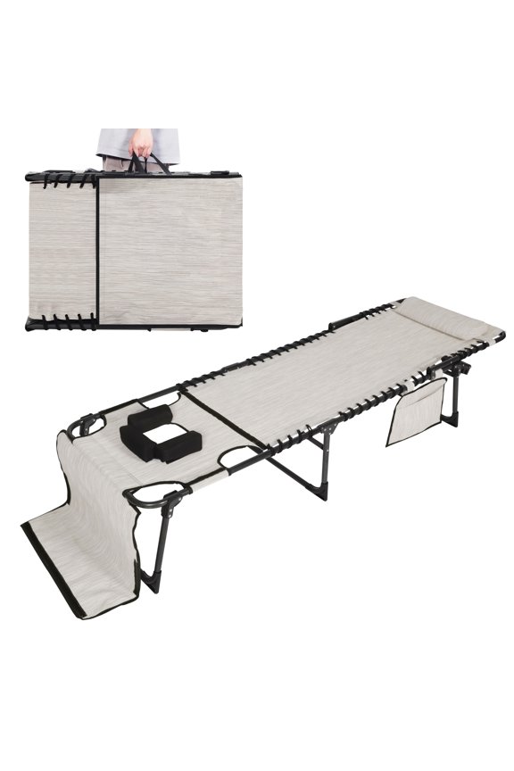 Outdoor Lounger, 5-Position Adjustable Patio Lounge Chair with Face Hole, Pillow, Pocket, Cream White