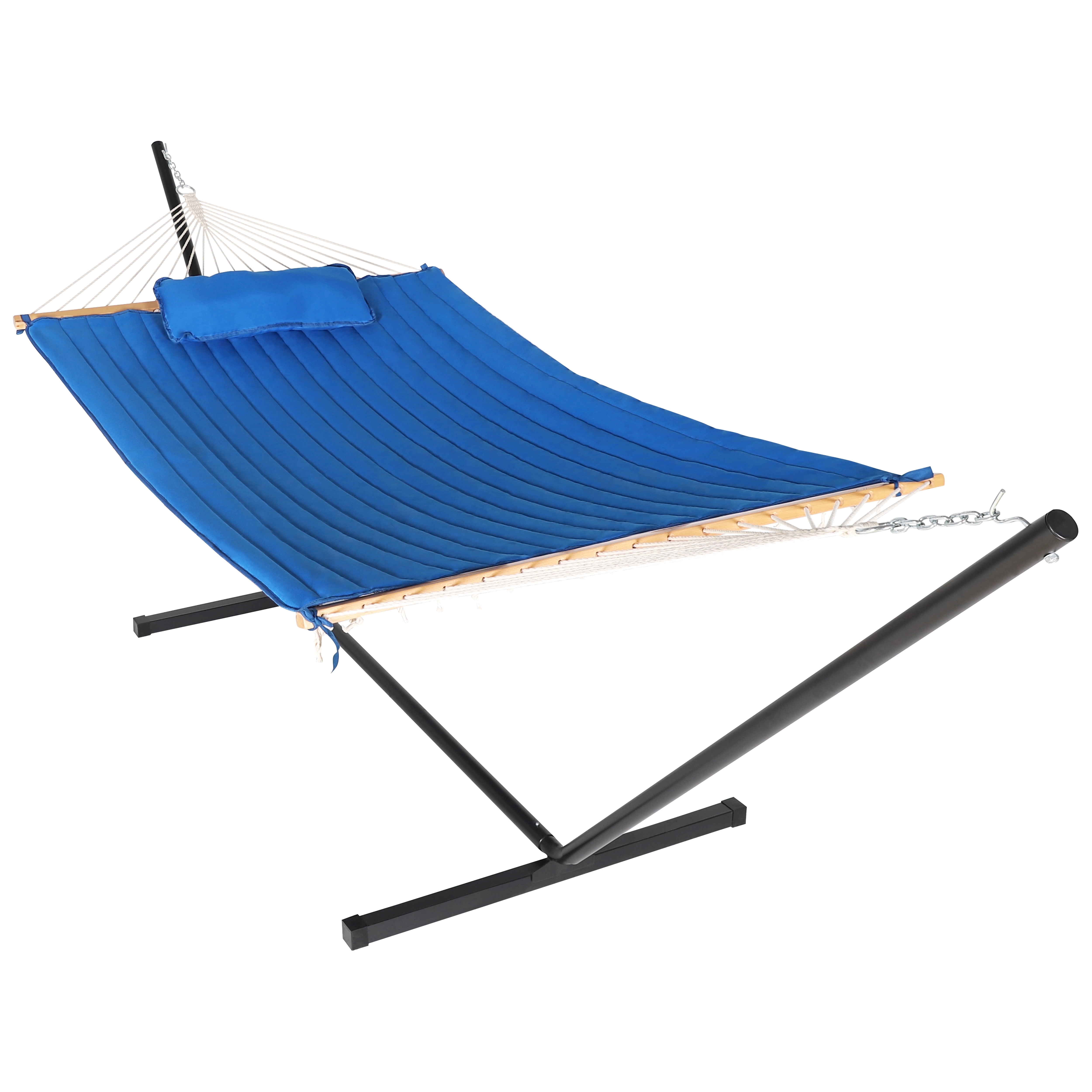 12ft Dark Blue Quilted Polyester Two-Person Hammock with Stand and Pillow