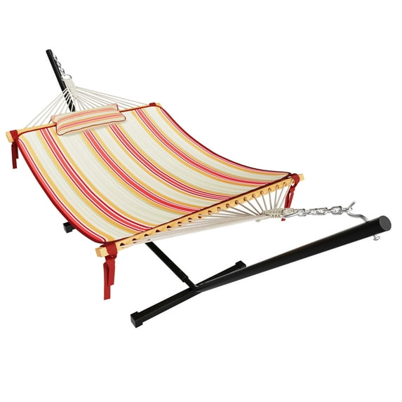 VEIKOUS Two Person Hammock 12FT with Attachable Stand and Pillow for Outdoor & Indoor, Striped Red