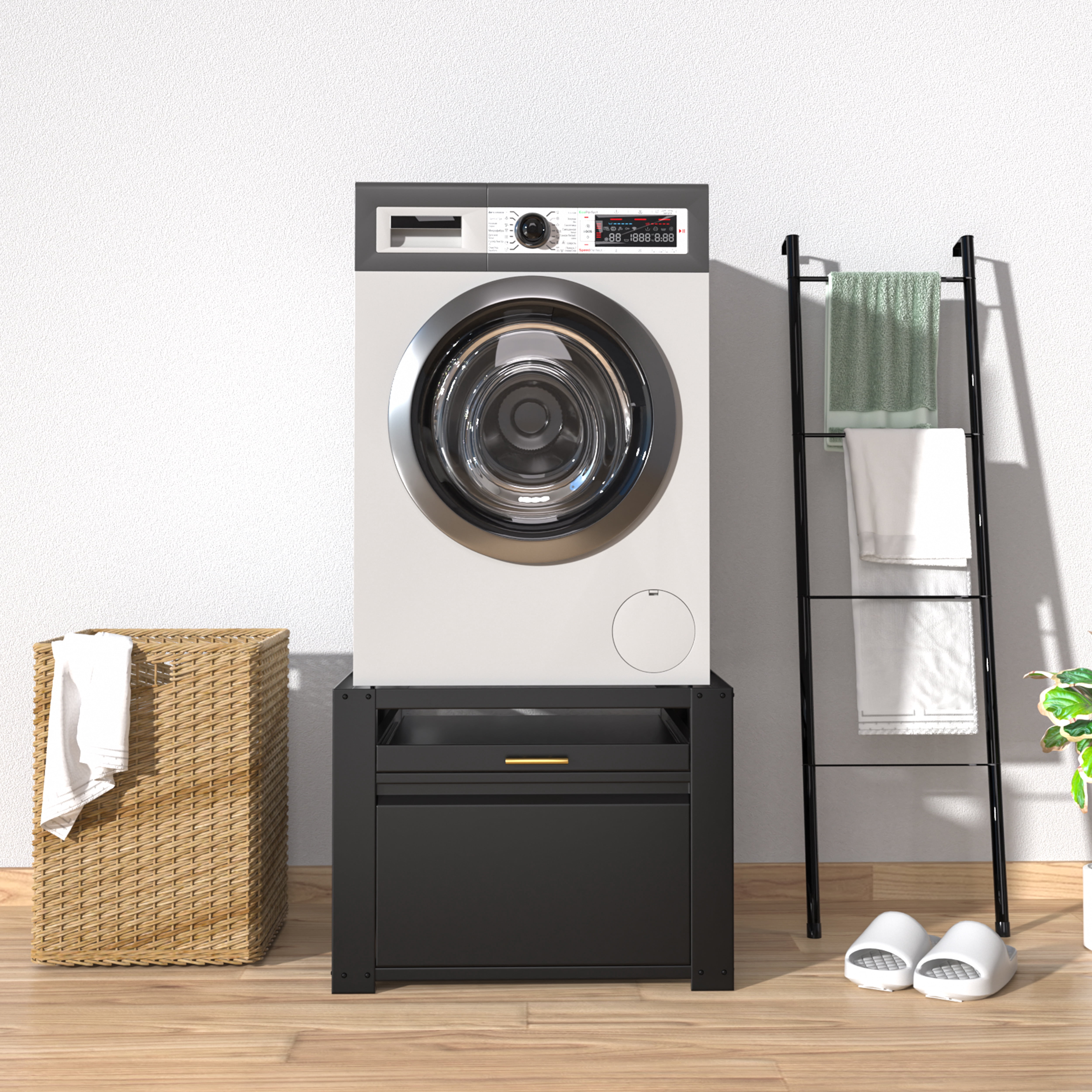 VEIKOUS Washer Dryer Pedestal Stand, 29"L x 29"W x 22"H Washing Machine Stand w/ Storage Shelf & Retractable Laundry Basket Holder, 300 lbs capacity, Black
