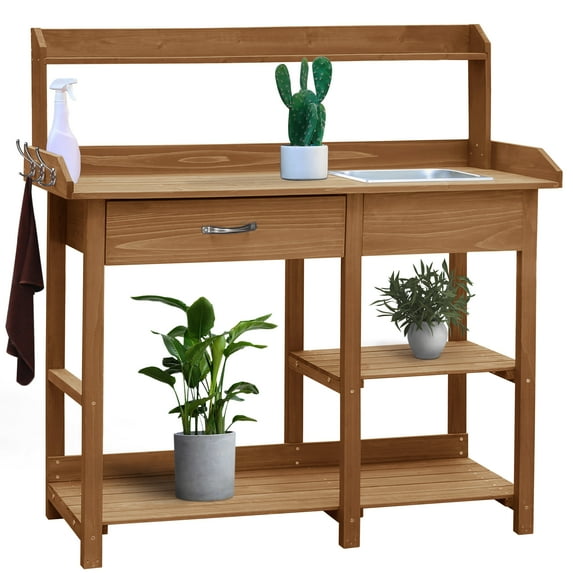 VEIKOUS Wood Potting Bench Garden Table w/ Removable Stainless Sink & Shelves, Natural