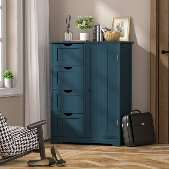 VEIKOUS Wooden Bathroom Floor Storage Cabinet with 4 Drawers and 1 Cupboard, 23.6''L x 11.8''W x 31.6''H, Blue