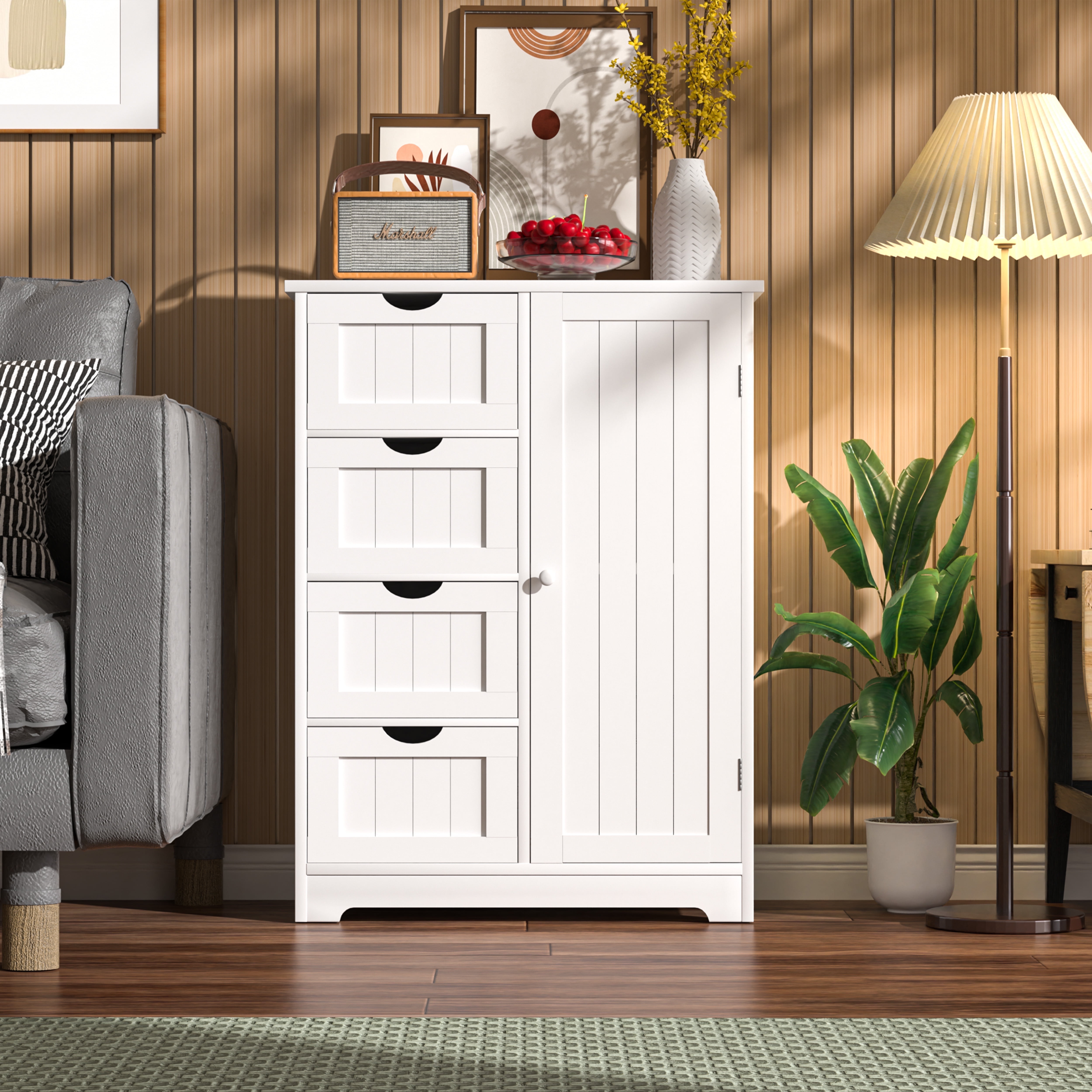 VEIKOUS Wooden Bathroom Storage Cabinet with 4 Drawer and Cupboard Shelves, White