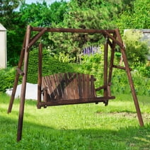 VEIKOUS Wooden Porch Swing Outdoor with A-Frame, 2 Person log Loveseat Swing for Patio, Rustic