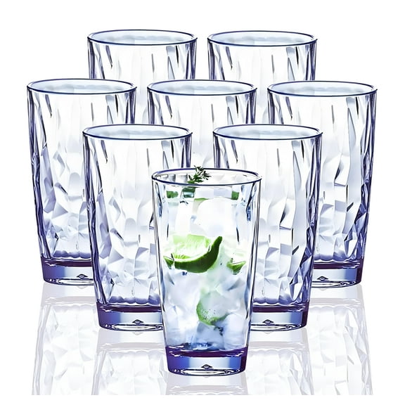 VEILEDGEM Unbreakable Drinking Glasses Tritan Plastic Tumblers Dishwasher Safe BPA Free Small Acrylic Juice Glasses for Kids Plastic Water Glasses (15 Oz 8 Pieces Blue)