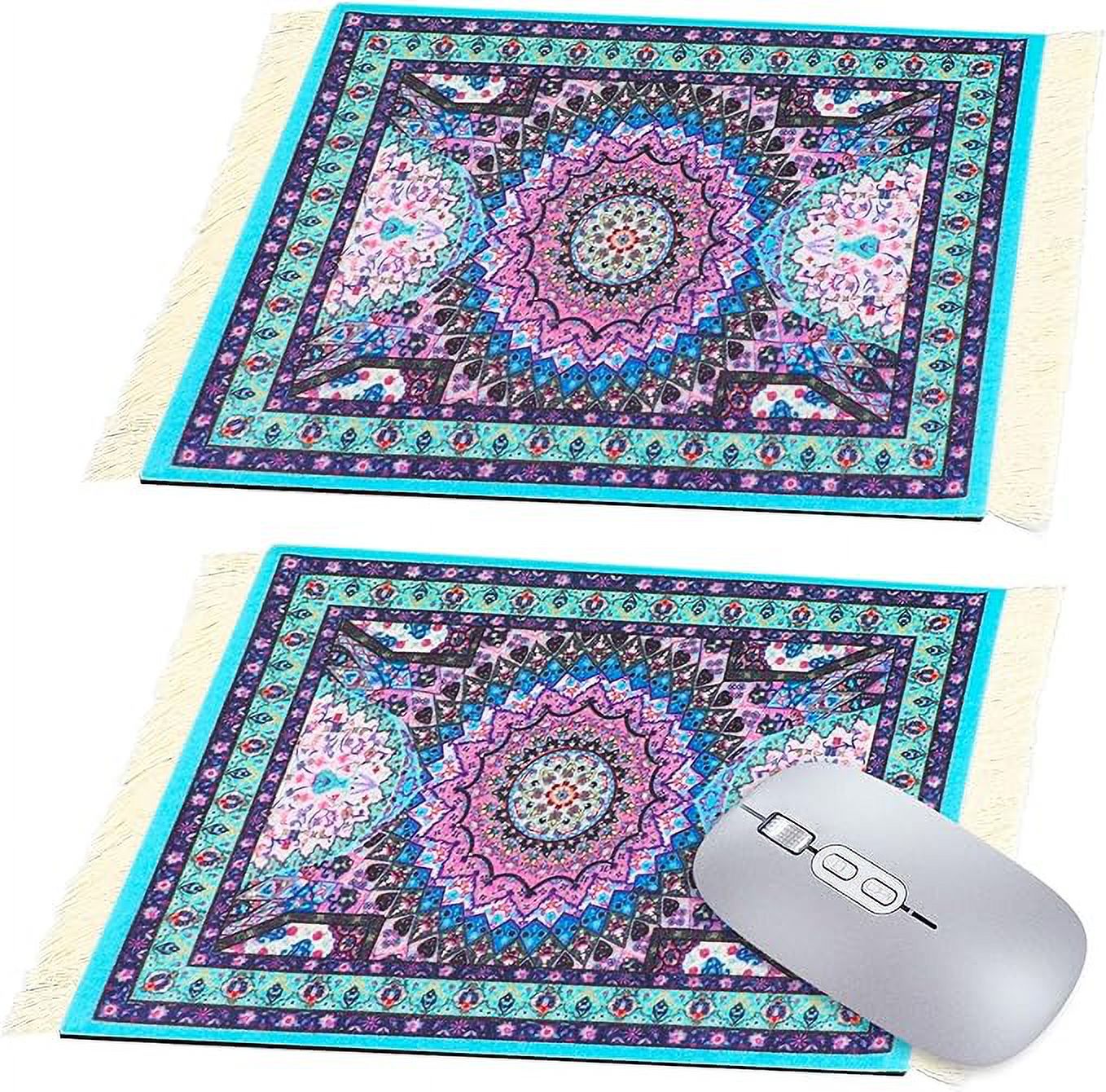 VEIREN Set of 2 Rug Mouse Pad Blue Vintage Persian Mini Woven Carpet Rubber Mousemat with Fringe