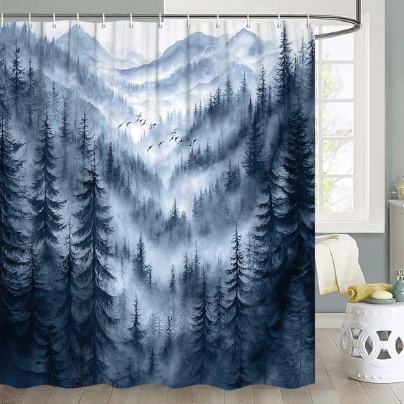 VEIVIAN Blue Misty Forest Shower Curtain Nature Pine Tree Shower Curtains Rustic Woodland Mountain Landscape Waterproof Bathroom Curtain Decor Polyester Fabric with 12 Hooks 72×72 Inch