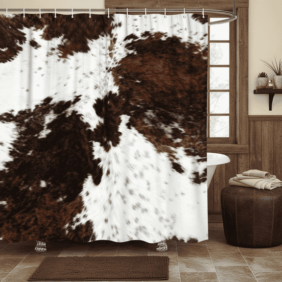 VEIVIAN Brown Cowhide Print Shower Curtain, Black White Bathtub Curtain, Western Farmhouse Bathroom Decor with Hooks,72X72in