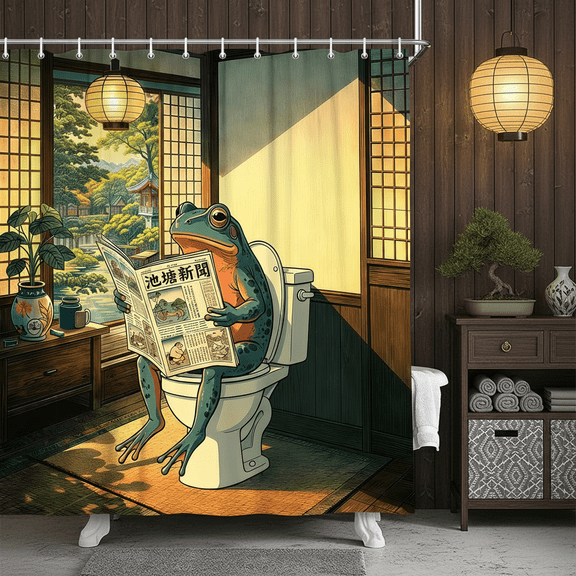 VEIVIAN Funny Frog Reading Newspaper Shower Curtain, Vintage Japanese Ukiyo-e Style Bathroom Decor,12pcs Hooks,69X70 in